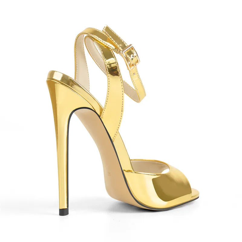 Onlymaker Frauen Gold Peep-Toe High Heels – 12cm Dünne Stiletto Sandalen mit Schnalle