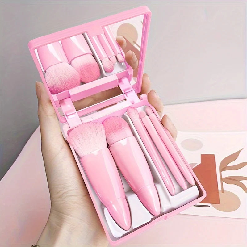 5‑teiliges Reise‑Make‑up‑Pinsel‑Set mit Spiegel – Profi‑Look für unterwegs