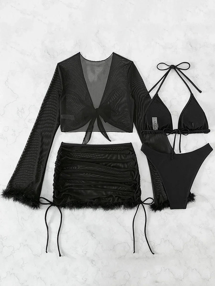 4-teiliges Bikini-Set mit Mesh-Rock – dein stylischer Strandbegleiter