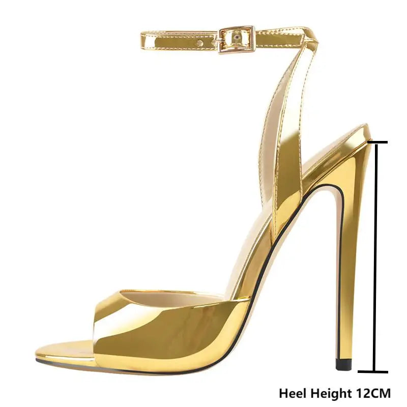 Onlymaker Frauen Gold Peep-Toe High Heels – 12cm Dünne Stiletto Sandalen mit Schnalle