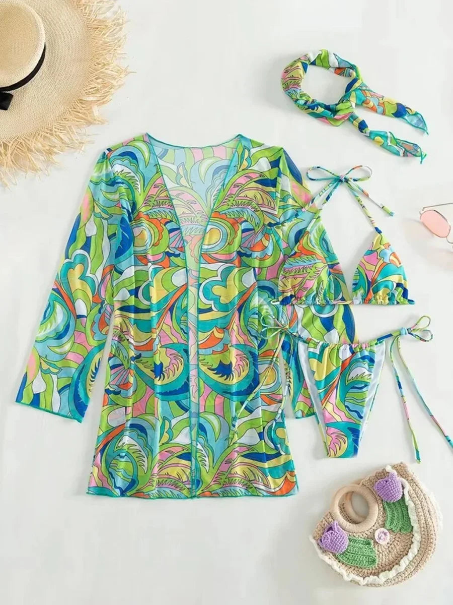 4-teiliges Bikini-Set mit Cover-Up und Haarband – der perfekte Urlaubslook