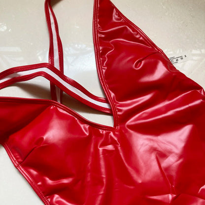 Sexy PU-Tanga-Einteiler-Badeanzug für Frauen, Push-Up-Badeanzug mit hoher Taille, Bademode, hoher Ausschnitt, Monokini, Strandkleidung, Badende