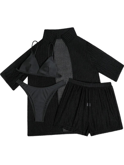 Vier-teiliges Bikini-Set mit gehäkelter Tunika – stilvoll am Strand