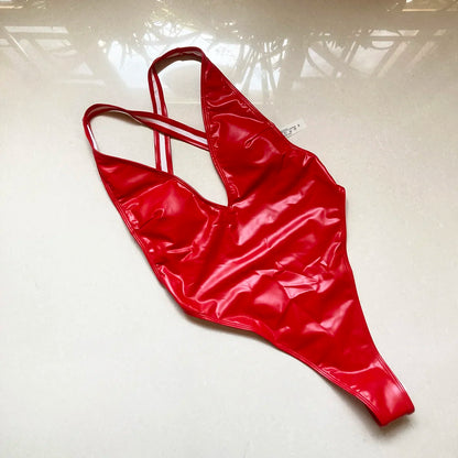 Sexy PU-Tanga-Einteiler-Badeanzug für Frauen, Push-Up-Badeanzug mit hoher Taille, Bademode, hoher Ausschnitt, Monokini, Strandkleidung, Badende