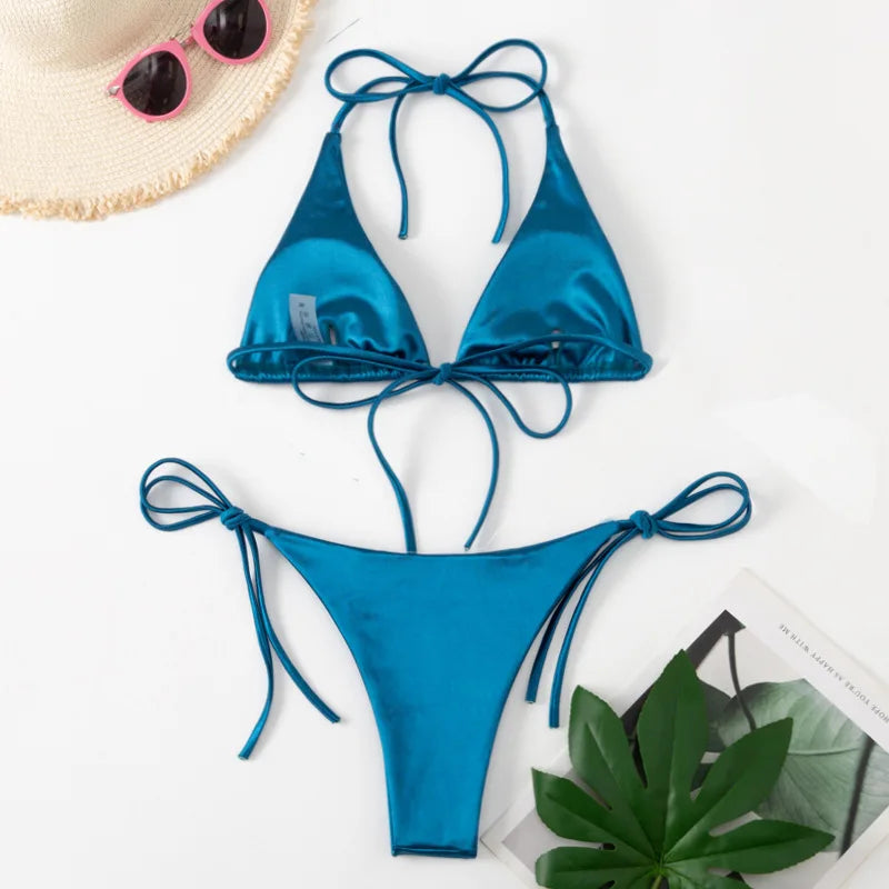 Satin Bikini-Set mit Halter – glänzend, sexy & brasilianisch inspiriert