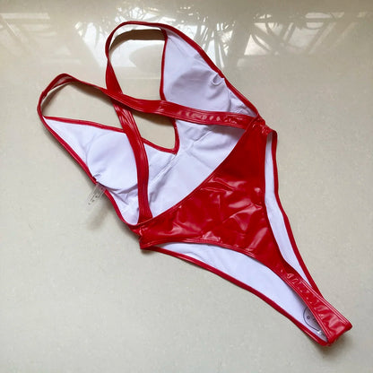 Sexy PU-Tanga-Einteiler-Badeanzug für Frauen, Push-Up-Badeanzug mit hoher Taille, Bademode, hoher Ausschnitt, Monokini, Strandkleidung, Badende