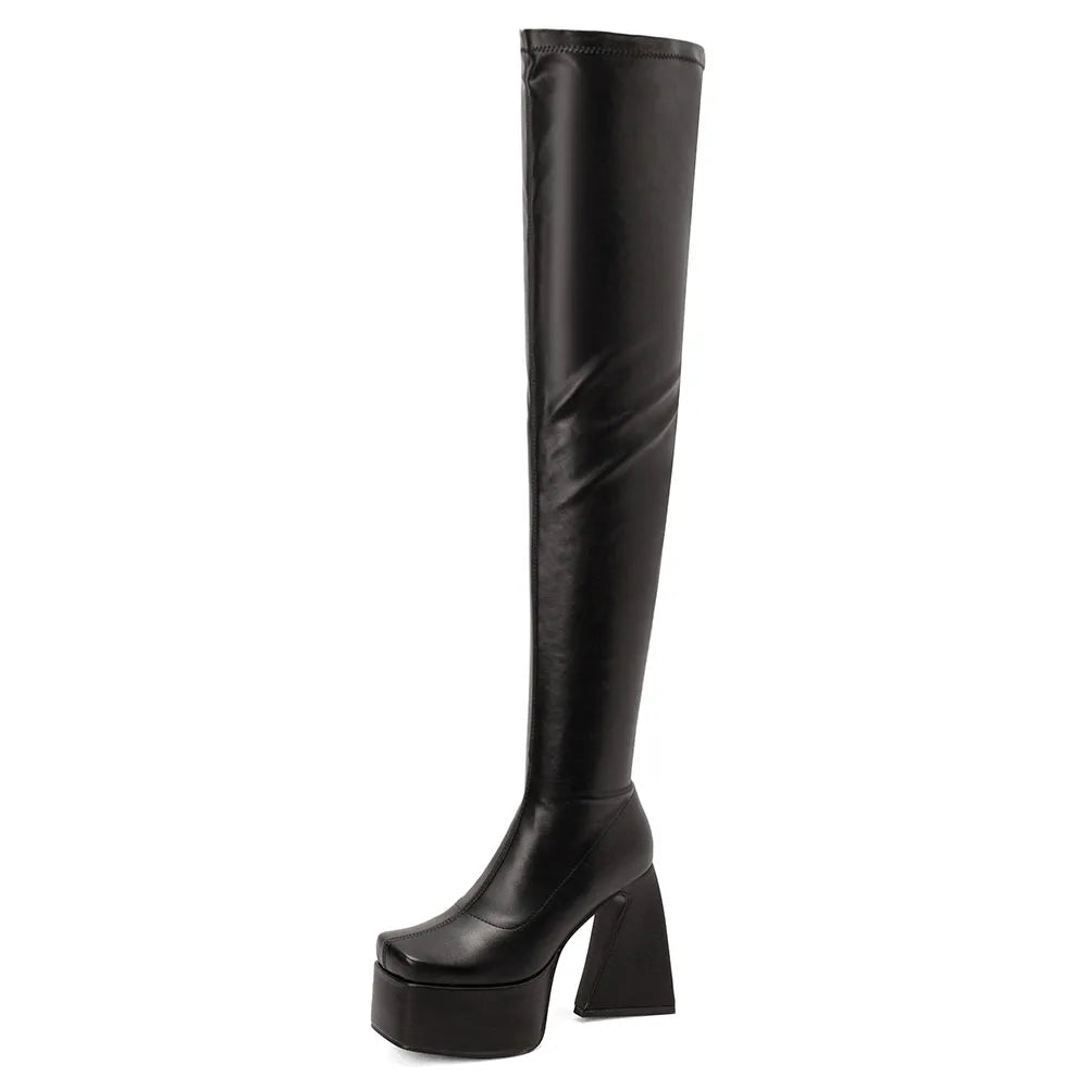 Platform Over-The-Knee High Boots – Brand-Design mit Reißverschluss in Weiß/Schwarz