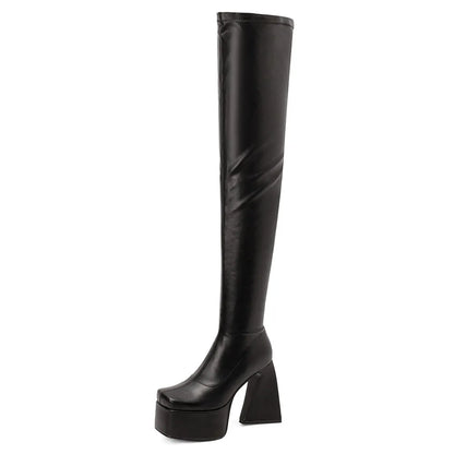 Platform Over-The-Knee High Boots – Brand-Design mit Reißverschluss in Weiß/Schwarz