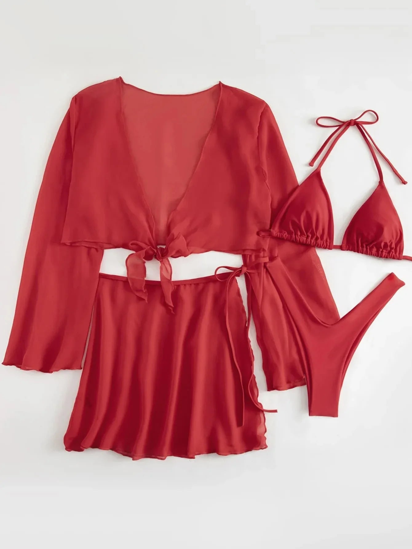 4-teiliges Bikini-Set mit Mesh-Sarong und Cover-Up – stylisch am Strand