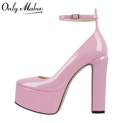 Onlymaker Frauen Mary Jane Plattform Pumps – Rosa Chunky High Heels mit Knöchelriemen
