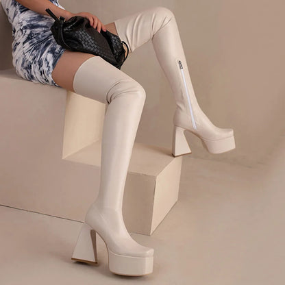 Platform Over-The-Knee High Boots – Brand-Design mit Reißverschluss in Weiß/Schwarz