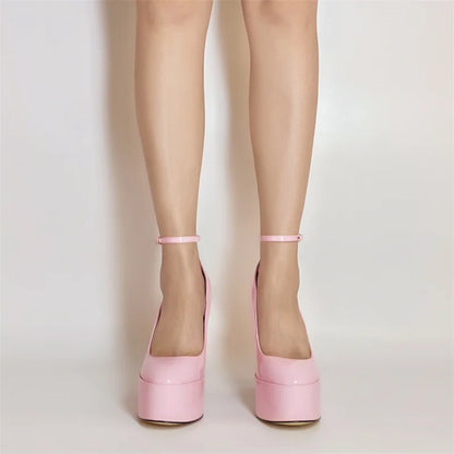 Onlymaker Frauen Mary Jane Plattform Pumps – Rosa Chunky High Heels mit Knöchelriemen