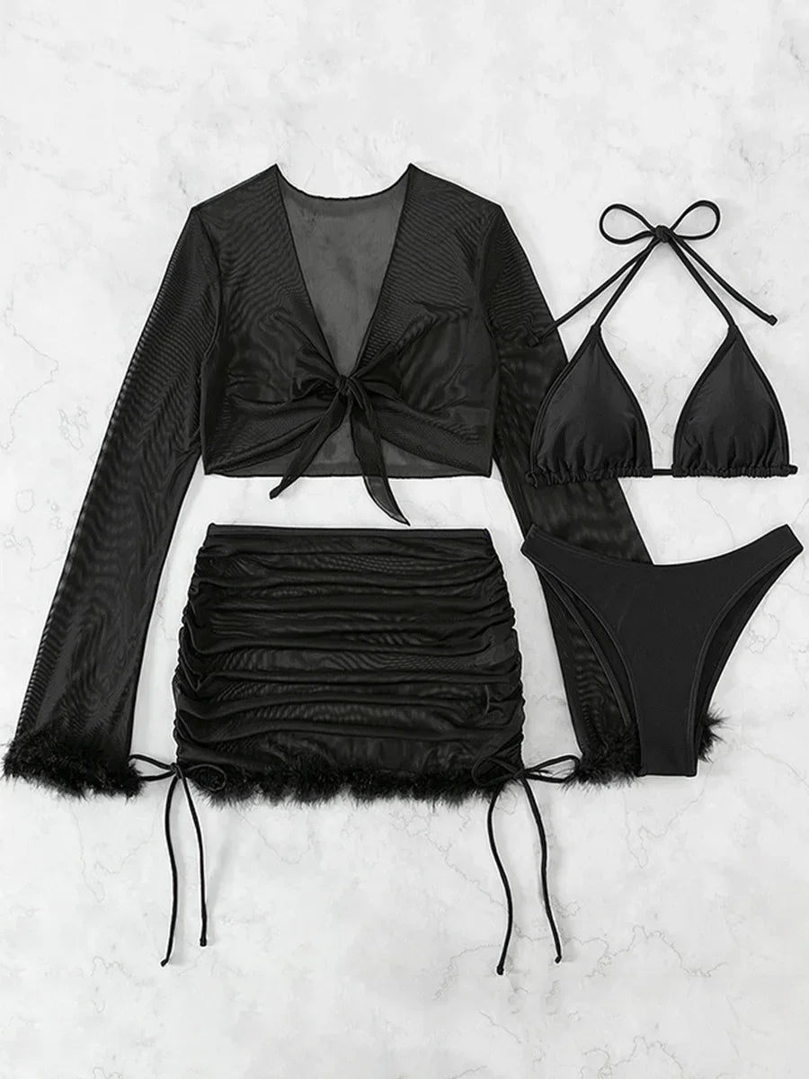 4-teiliges Bikini-Set mit Mesh-Rock – dein stylischer Strandbegleiter