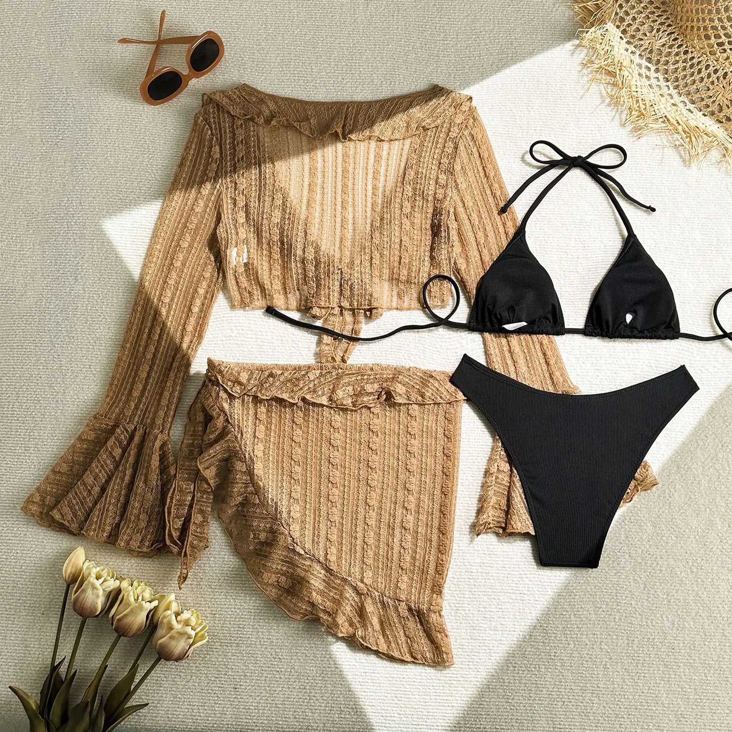 4-teiliges Bikini-Set mit Mesh und Sarong – dein stylischer Sommerlook