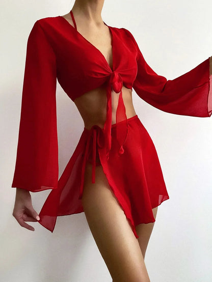 4-teiliges Bikini-Set mit Mesh-Sarong und Cover-Up – stylisch am Strand