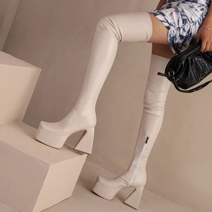 Platform Over-The-Knee High Boots – Brand-Design mit Reißverschluss in Weiß/Schwarz