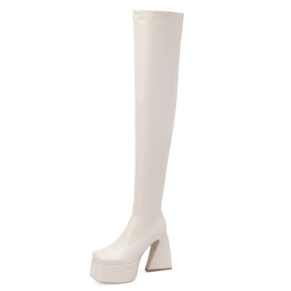 Platform Over-The-Knee High Boots – Brand-Design mit Reißverschluss in Weiß/Schwarz