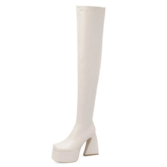 Platform Over-The-Knee High Boots – Brand-Design mit Reißverschluss in Weiß/Schwarz